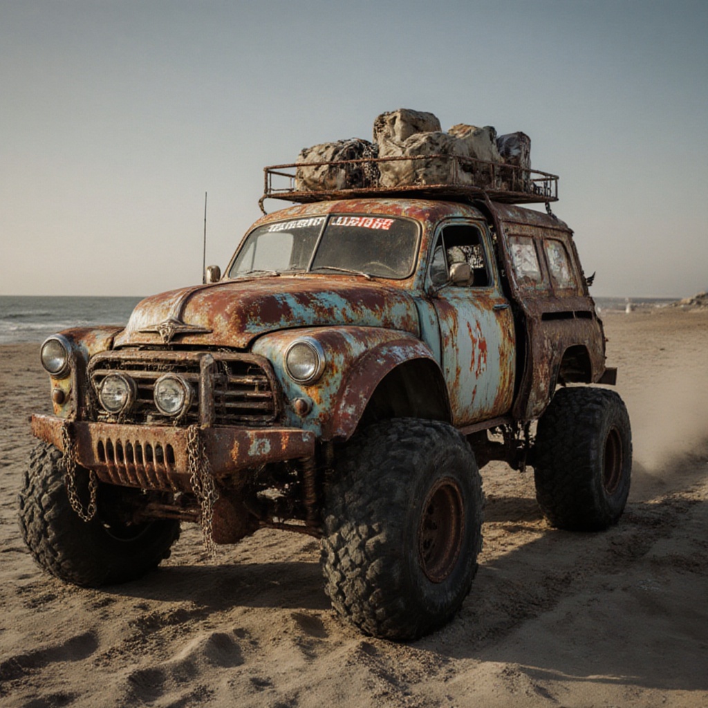 rusty reno clio,  dried ocean floor,  sand on Tensor.Art