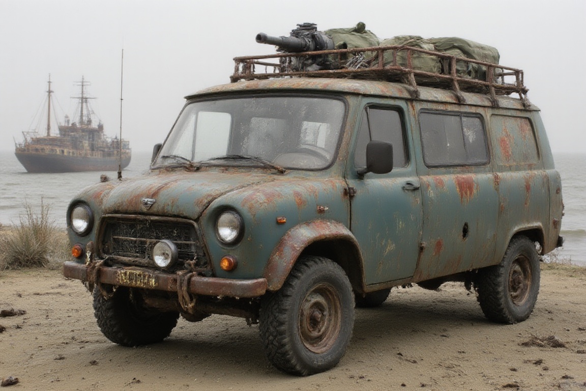 rusty blue car,  dried ocean floor,  sand on Tensor.Art