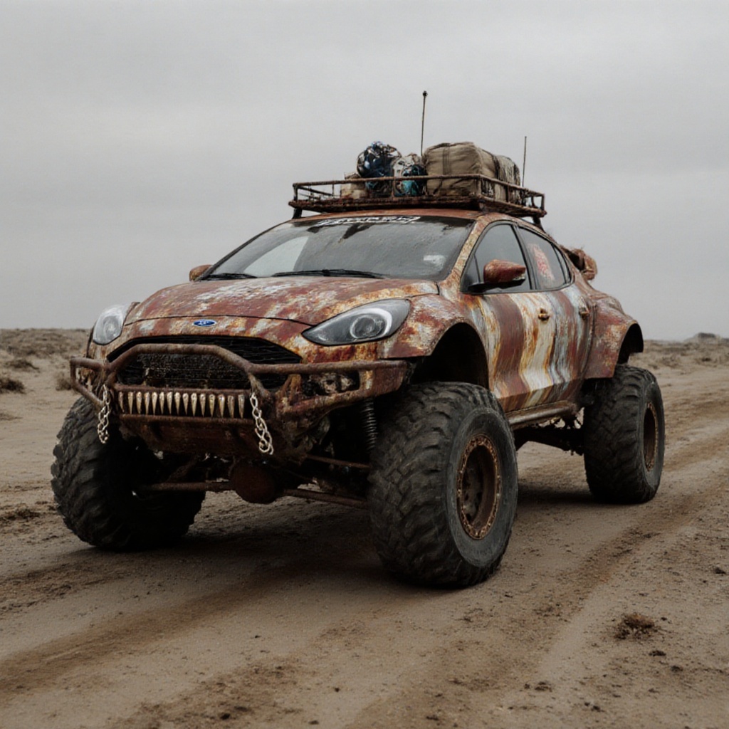 ford focus hatchback pickup truck,  monster truck wheels,  dried ocean floor on Tensor.Art