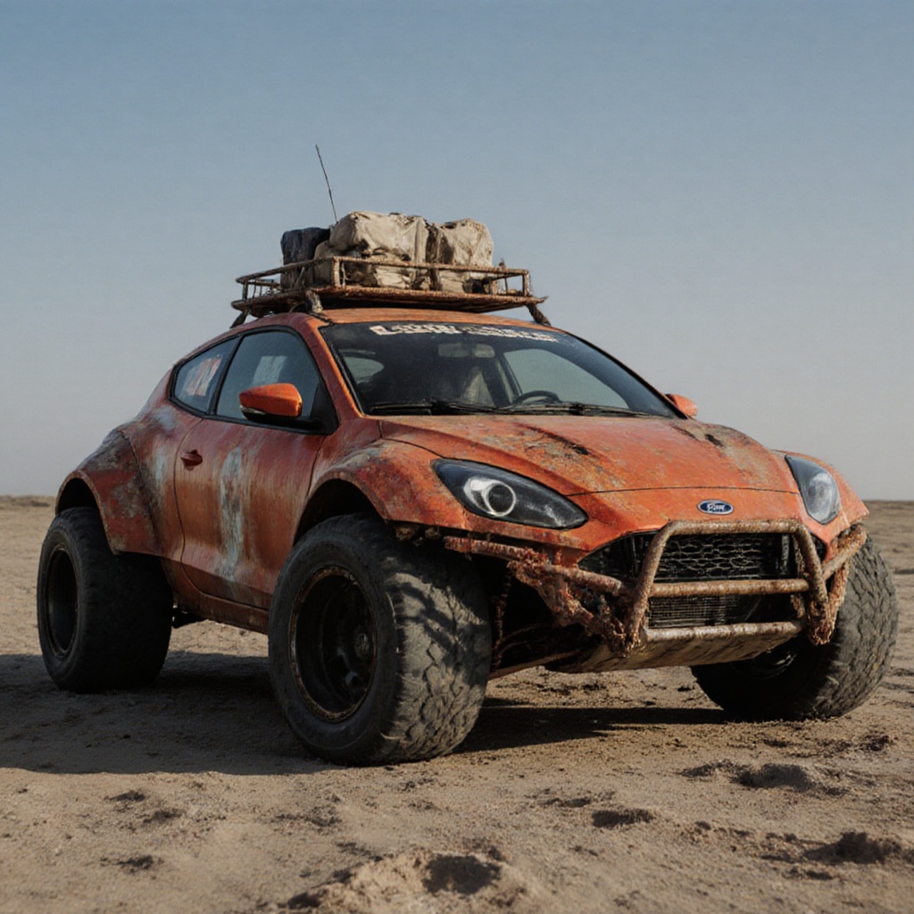 ford focus hatchback pickup truck,  monster truck wheels,  dried ocean floor on Tensor.Art