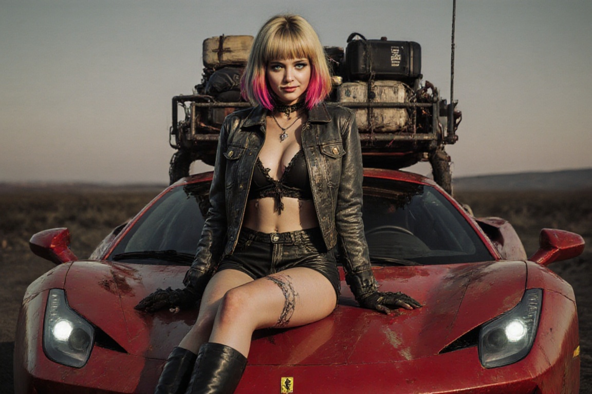 "1girl,  blonde hair,  sit on the hood of offroad ferrari testarossa on Tensor.Art