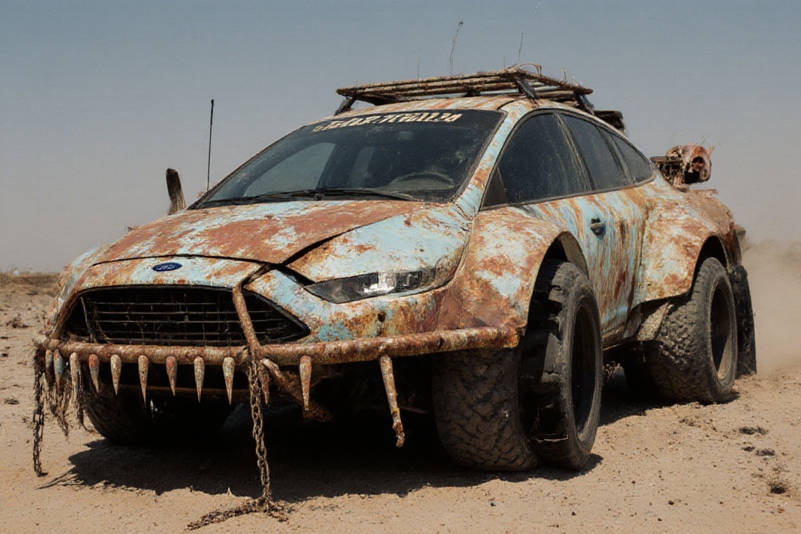 Ford focus sedan,  dried ocean floor,  sand on Tensor.Art