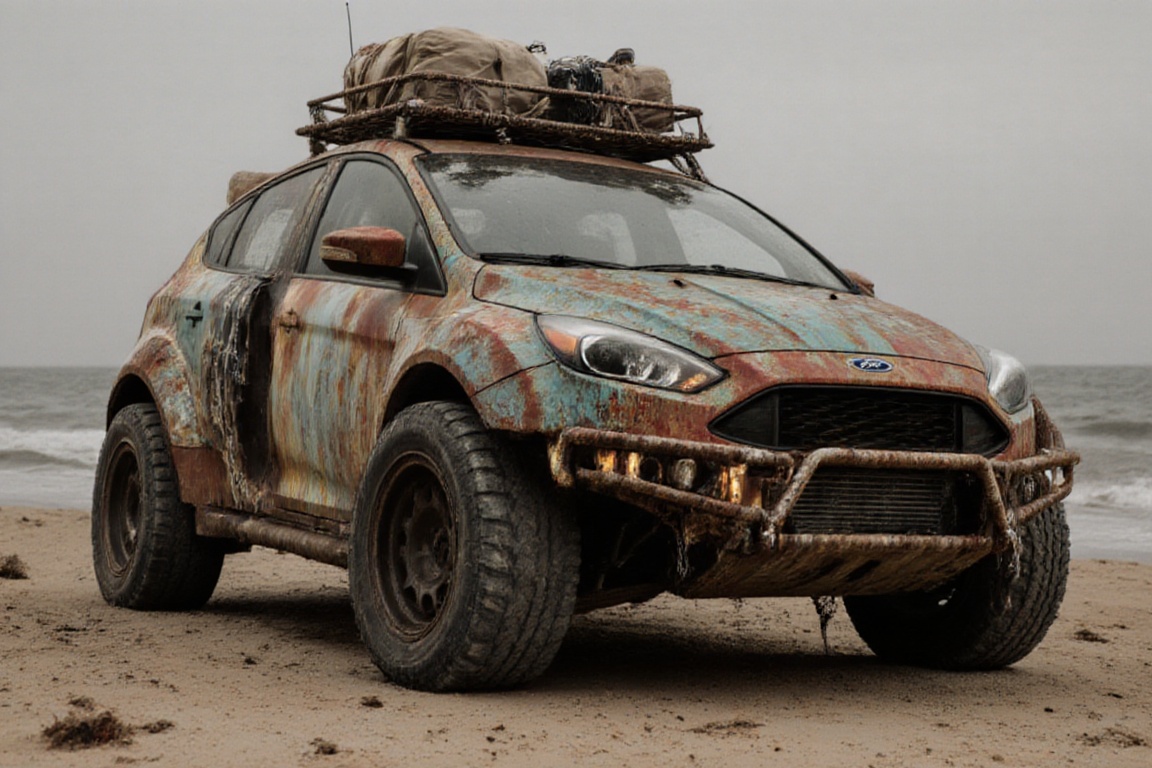 Ford focus sedan,  dried ocean floor,  sand on Tensor.Art