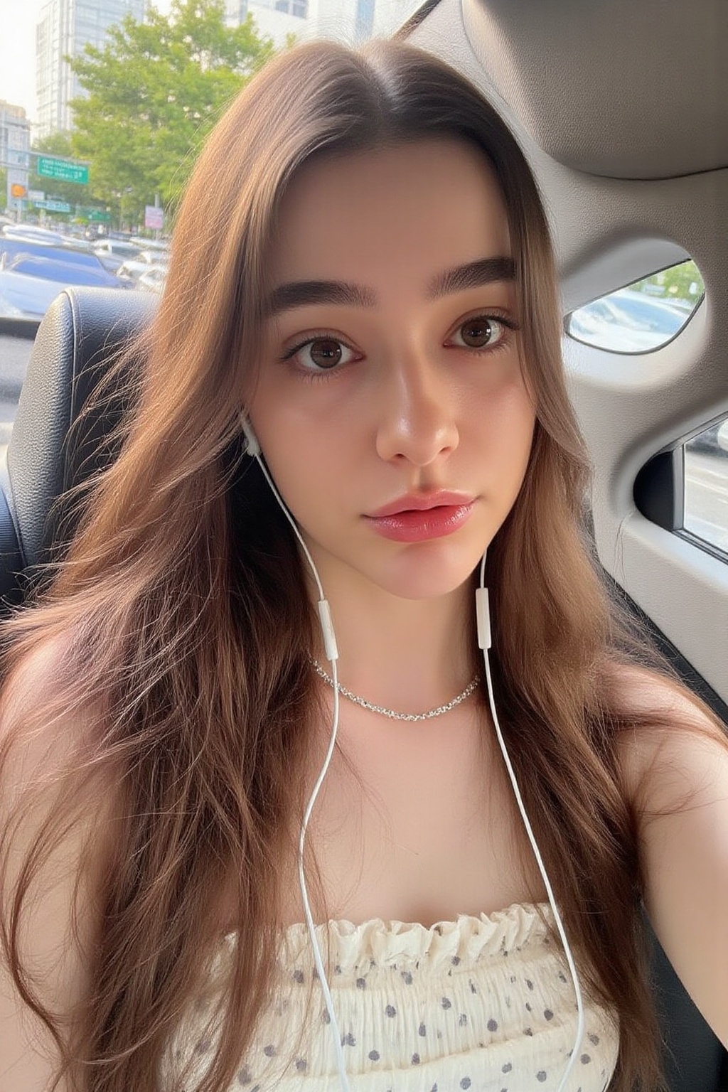 kak_una,  A woman with long straight brown hair sits in the backseat of a car,  dressed in a white polka-dotted dress and...