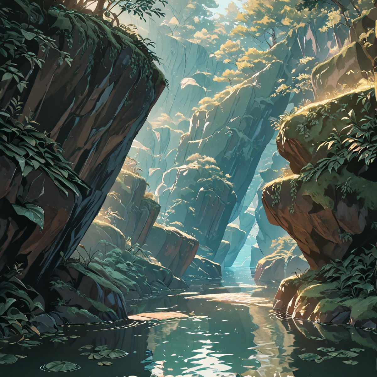 Close but not macro view of a gentle forest stream winding between moss-covered rocks,  sunlight filtering through dense l...