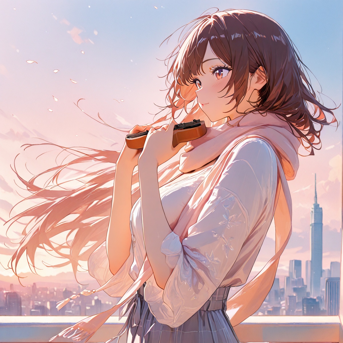 Anime girl leaning on a balcony railing during sunset,  holding a small ukulele in her hands,  casual outfit and soft scar...