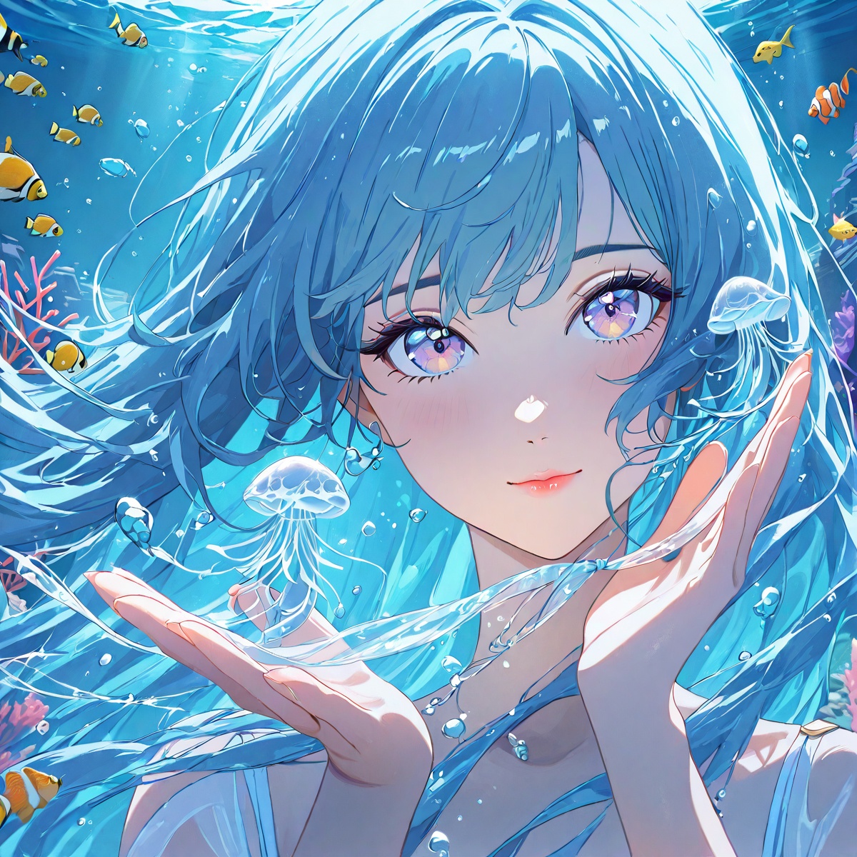 An elegant anime woman sits in the ruins of an ancient underwater temple. The viewpoint is close-up,  centered on her grac...