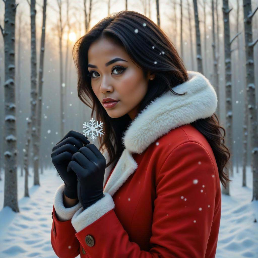 This image is a profile+++++ side view hyper-realistic digital painting of an Ebony+ Italian+++ woman standing in a snow-c...