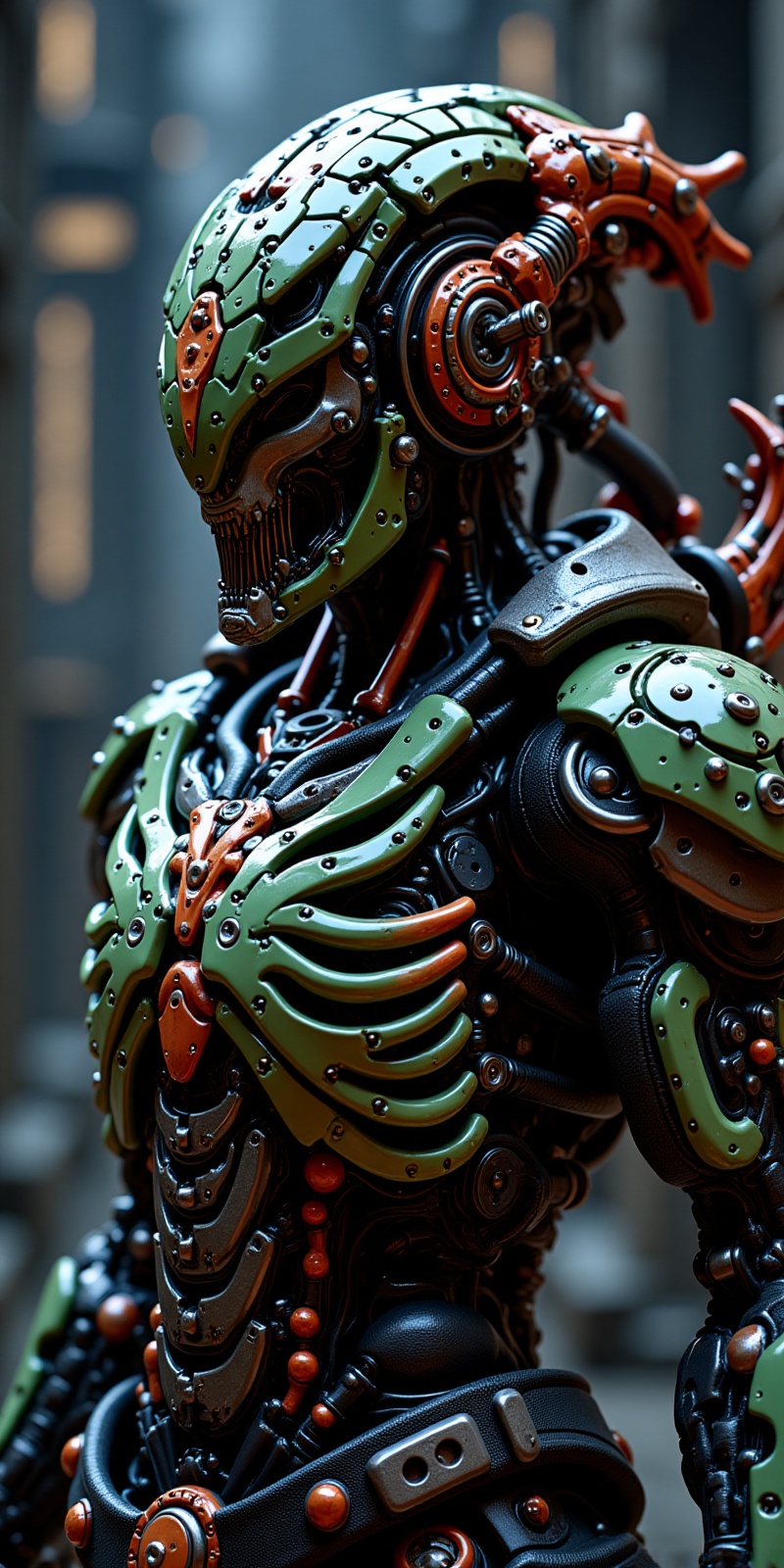 close up,  head and shoulders portrait of an llustration of a and )) warrior,  wearing futuristic polycarbonate armor on T...