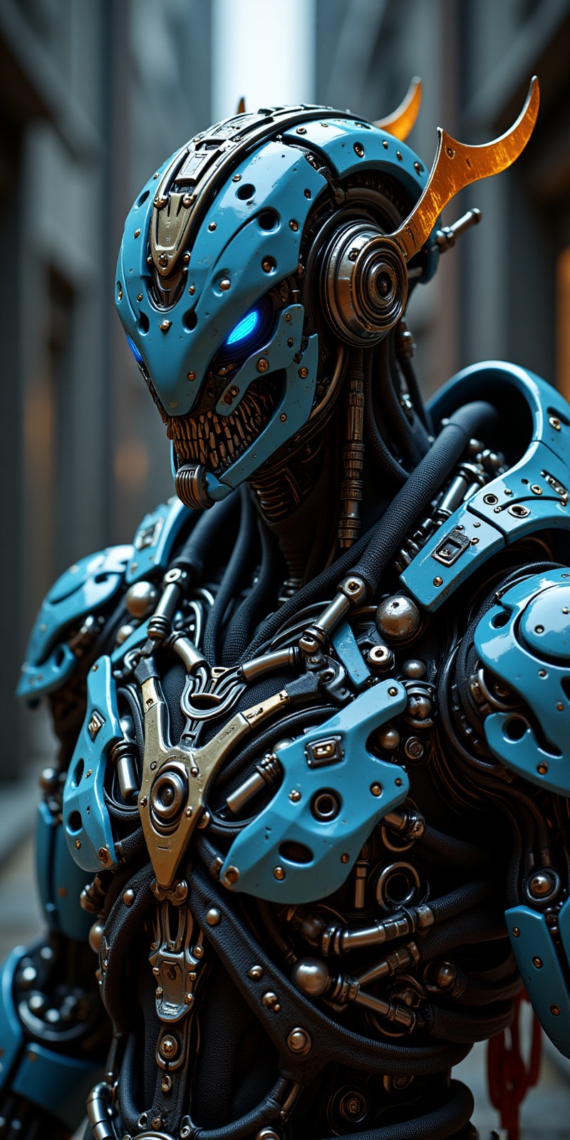 close up,  head and shoulders portrait of an llustration of a and )) warrior,  wearing futuristic polycarbonate armor on T...