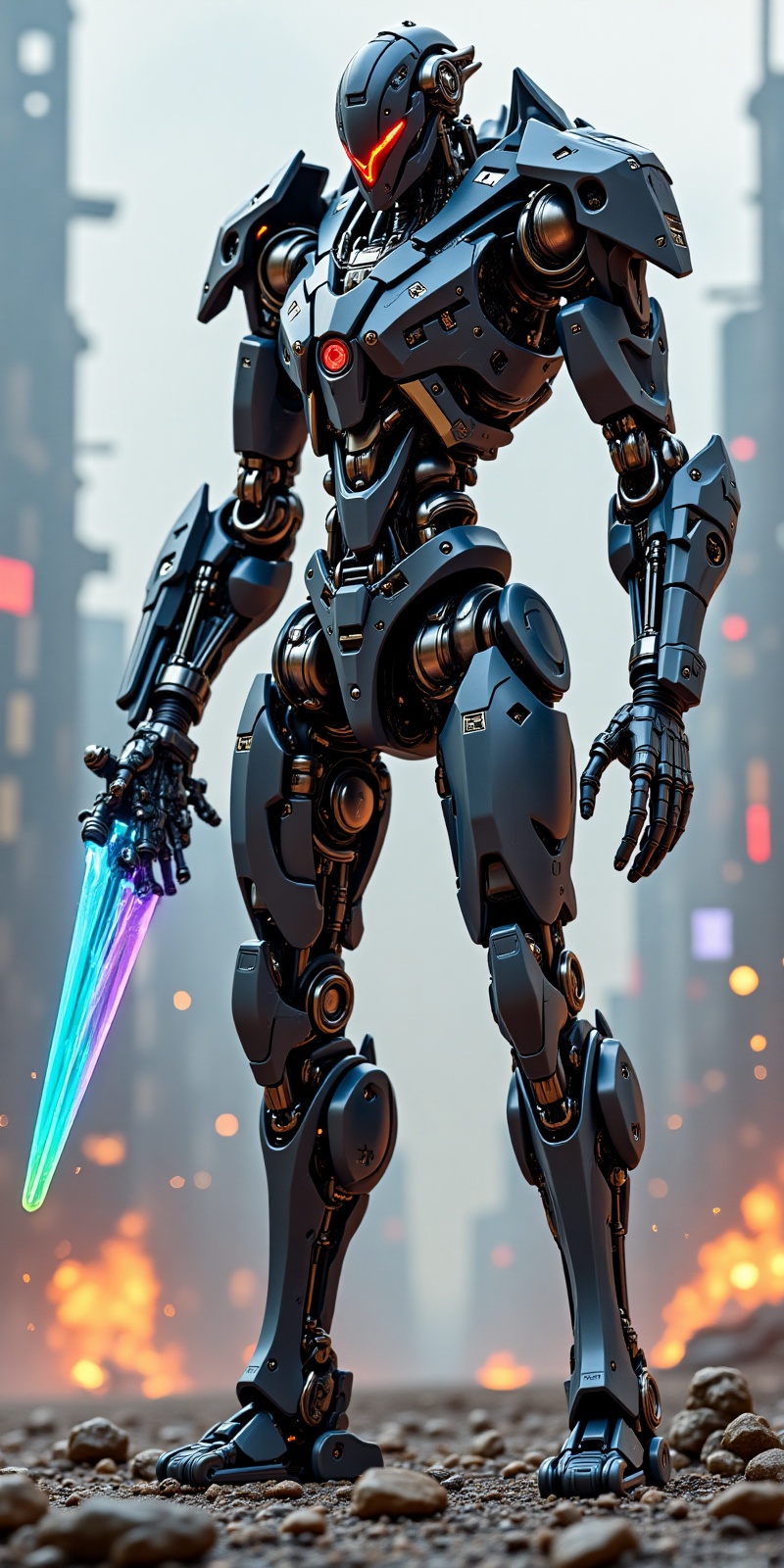 A tall,  angular metal mecha with a sleek,  smooth surface and intricate mechanical details. The mecha is equipped with a...