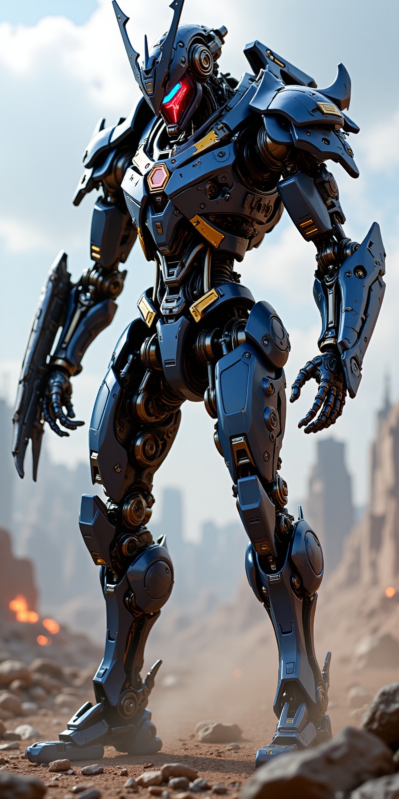 A tall,  angular metal mecha with a sleek,  smooth surface and intricate mechanical details. The mecha is equipped with a...