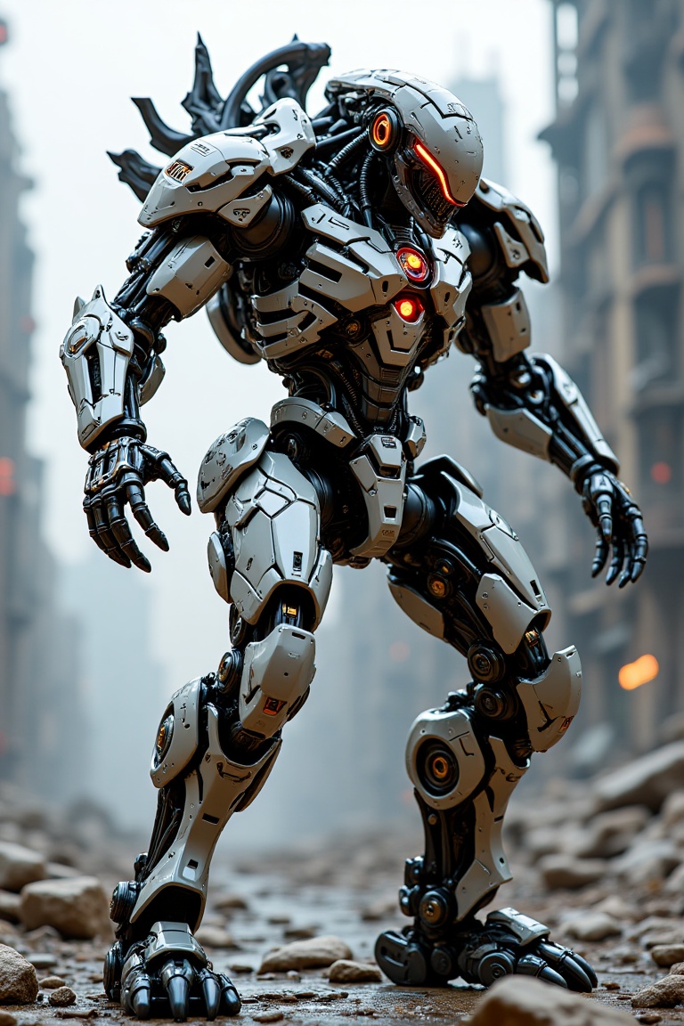 Hyper-detailed mecha robot in dynamic pose on futuristic battlefield,  sleek armored look with complex mechanical componen...