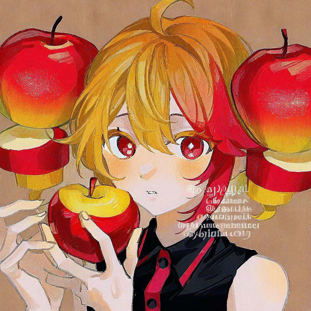 utau kasane_teto kasane_teto_(utau) jolp_(jolpinko) 1girl alternate_hair_color alternate_streak_color apple apple_peel bla...