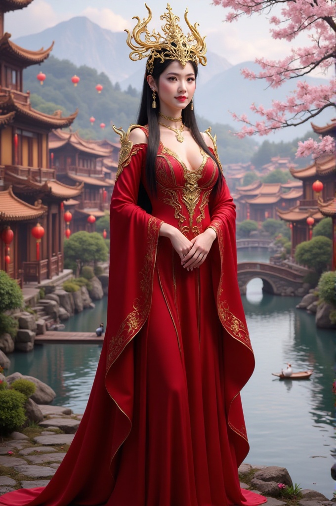 queenmedusa,  standing gracefully by a traditional Chinese riverside village,  wearing ornate golden crown on Tensor.Art