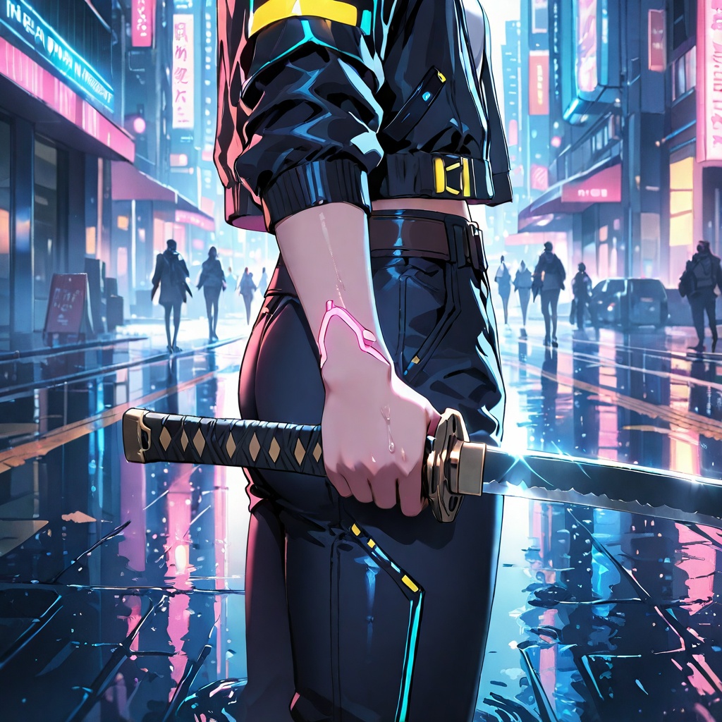 A cool anime swordsman in futuristic neon city streets,  holding his katana with one hand,  the other hand glowing with cy...