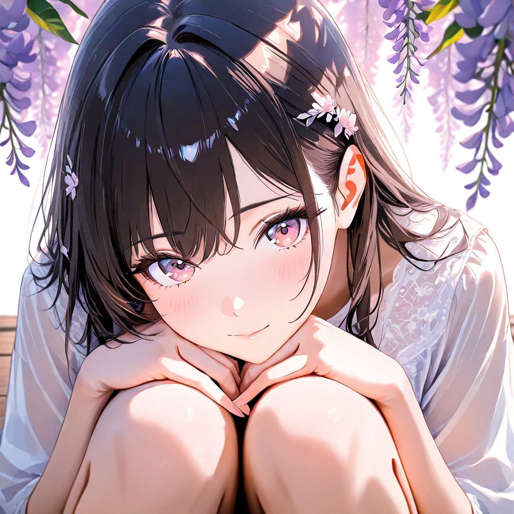 An anime girl sitting on a wooden porch with legs folded to the side,  hands resting gently on her lap,  close-up from sli...