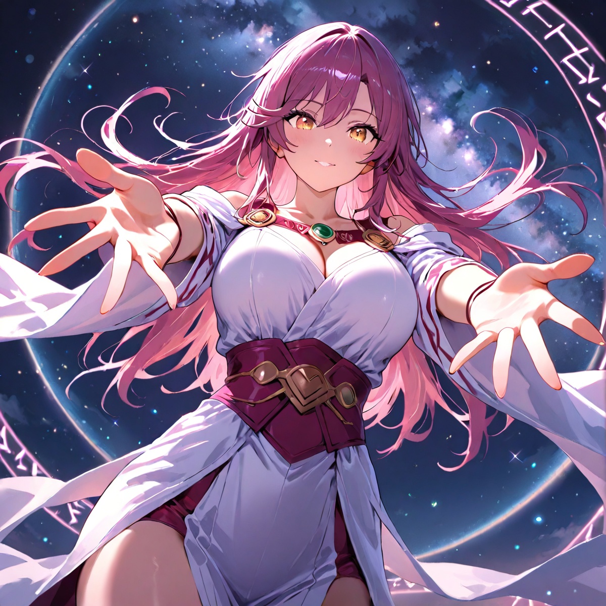 Mysterious anime sorcerer,  captured mid-spell,  hands stretched outward forming glowing circles of runes on Tensor.Art