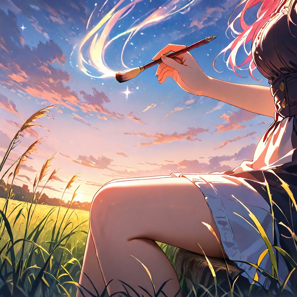 Anime girl sitting in the middle of a field of tall grass at twilight,  painting glowing streaks in the air with her brush...