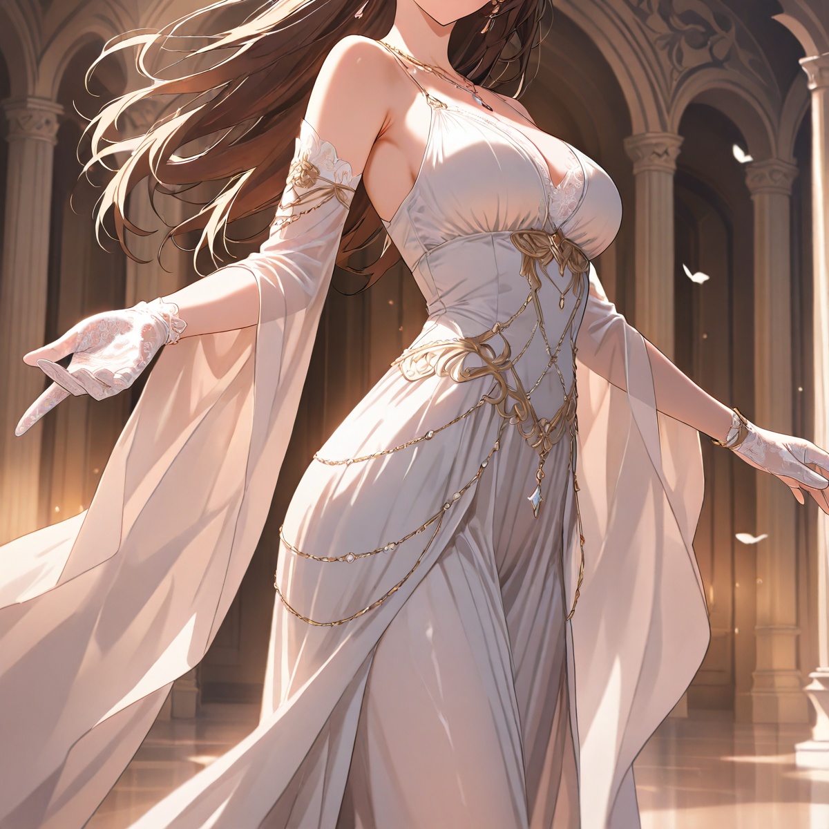 A graceful anime lady in a flowing gown,  captured in a full-body shot from a low angle. She extends her hand forward eleg...