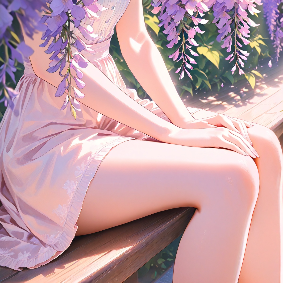 An anime girl sitting on a wooden porch with legs folded to the side,  hands resting gently on her lap,  close-up from sli...