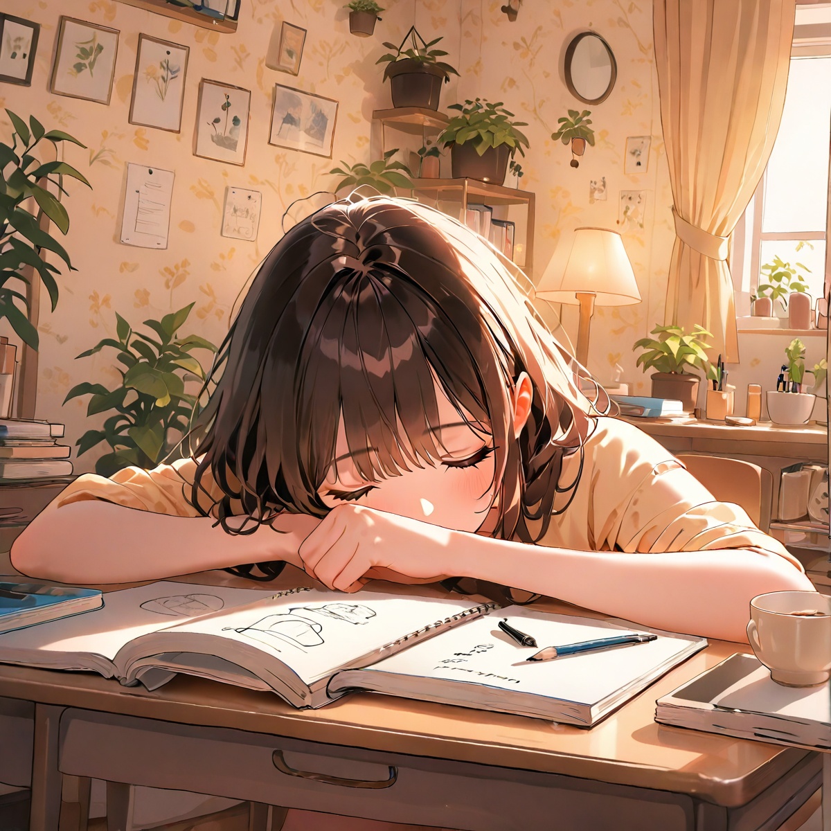 Anime girl sitting at a cluttered desk in her bedroom,  sketchbook open,  pencil in hand on Tensor.Art