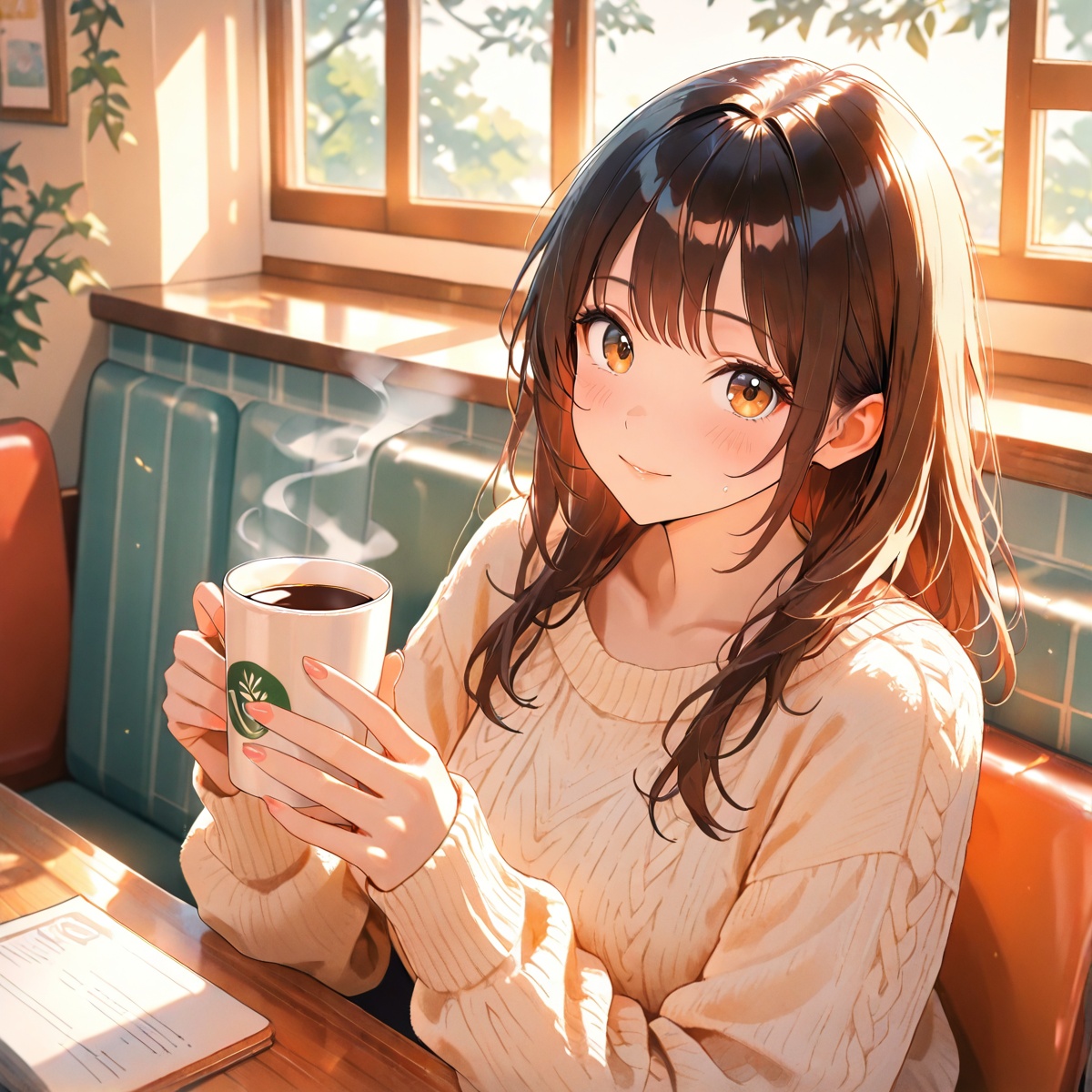 Anime cozy girl sitting by a large window in a sunlit coffee shop,  holding a steaming cup of coffee with both hands,  sof...