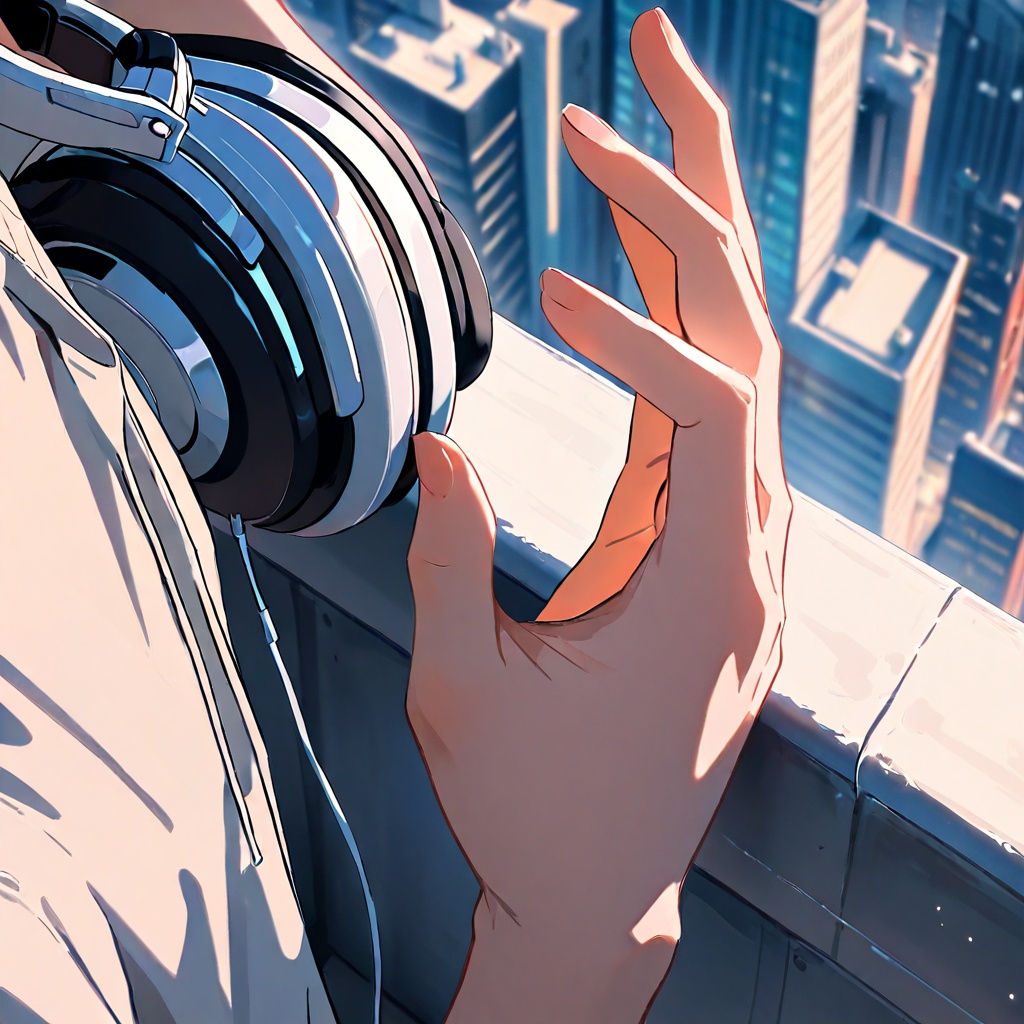 Anime boy in casual streetwear sitting on a rooftop edge,  half-body close-up from above,  leaning back on one hand while...