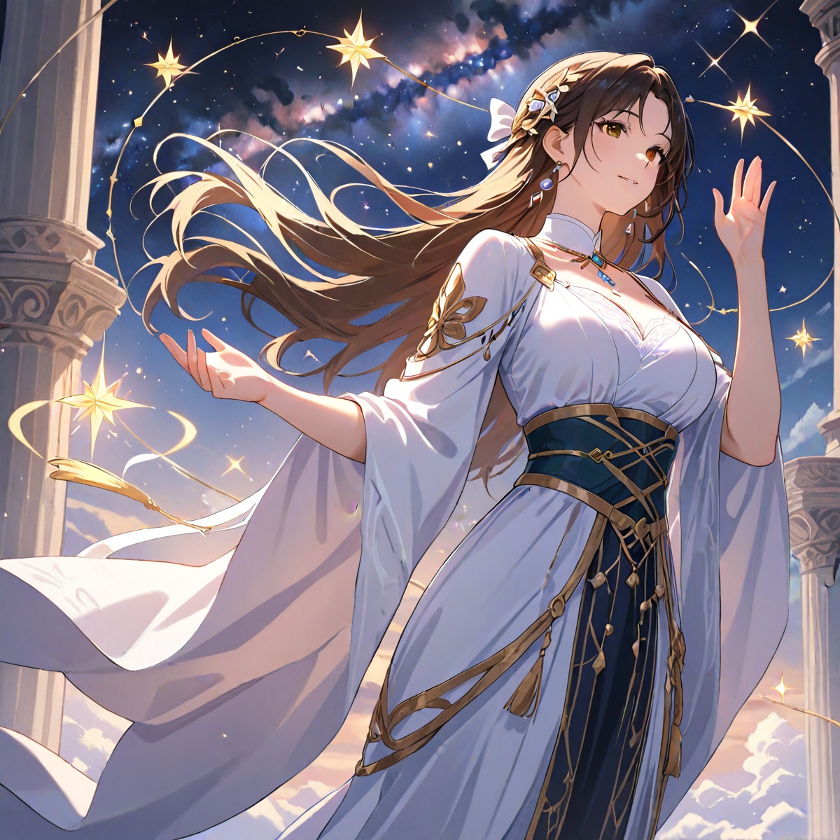 The scene depicts an anime-style sorceress standing gracefully among ancient floating ruins suspended above the clouds. Th...