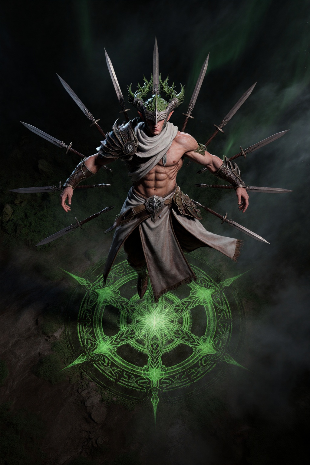 A 20-year-old elven warrior,  hovering midair with a domineering presence. Arms stretched wide,  showcasing his muscular p...