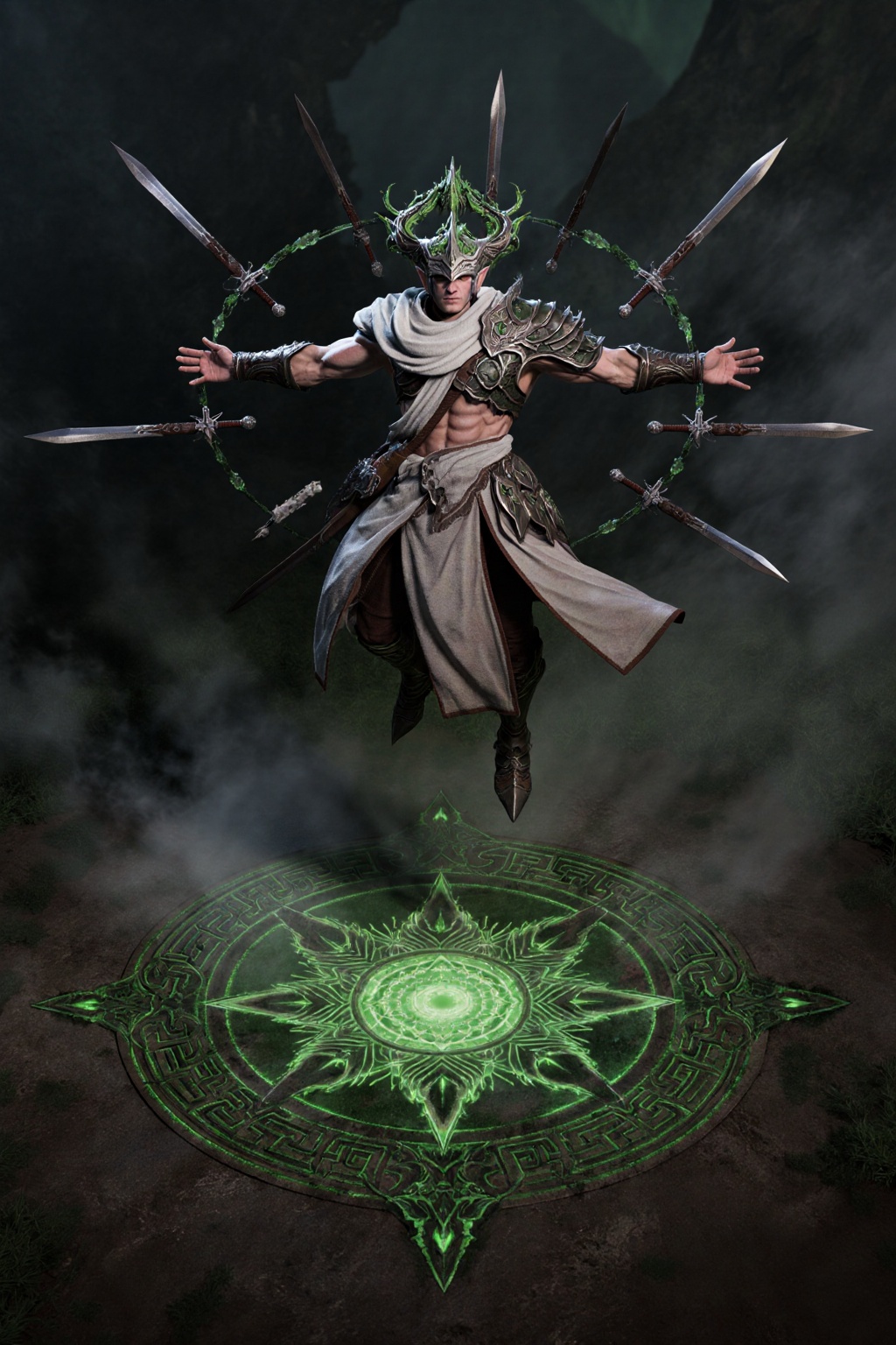 A 20-year-old elven warrior,  hovering midair with a domineering presence. Arms stretched wide,  showcasing his muscular p...