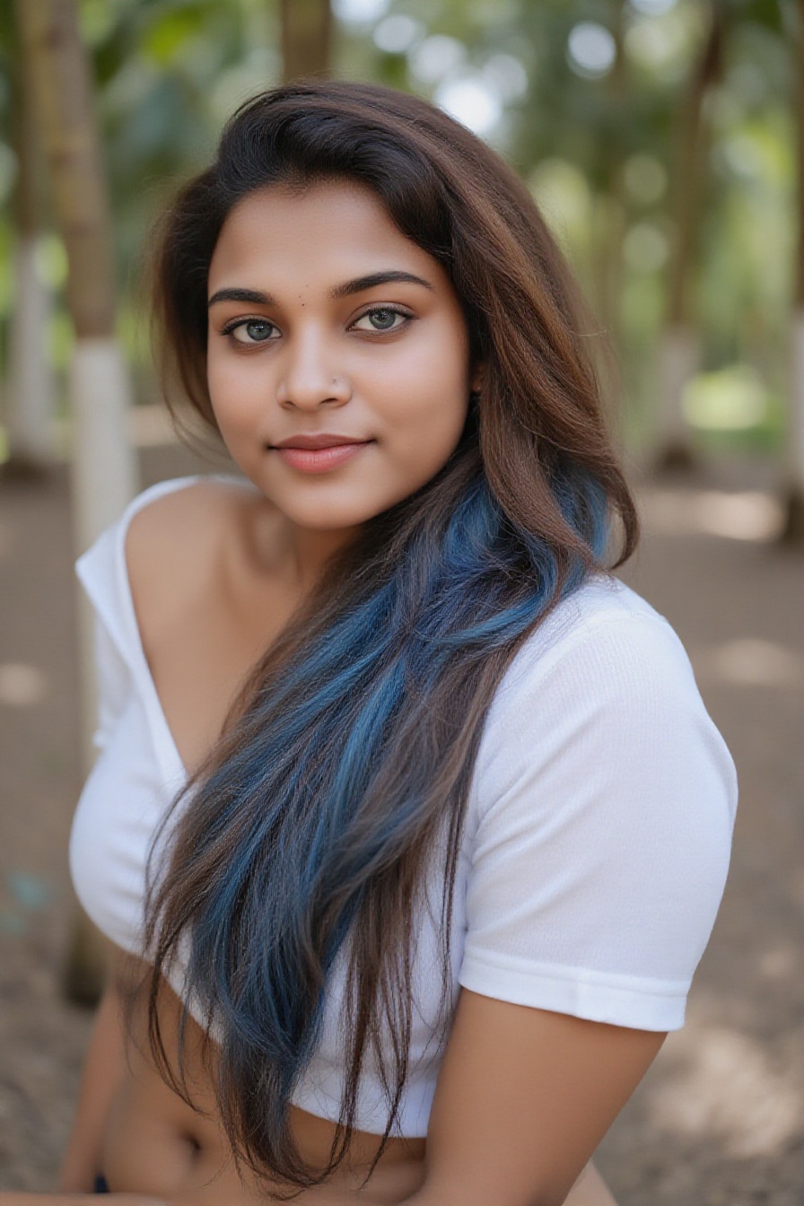 A realistic portrait of a 20-year-old Indian woman with complexion typical of Kerala. She has long,  blue curly hair and b...