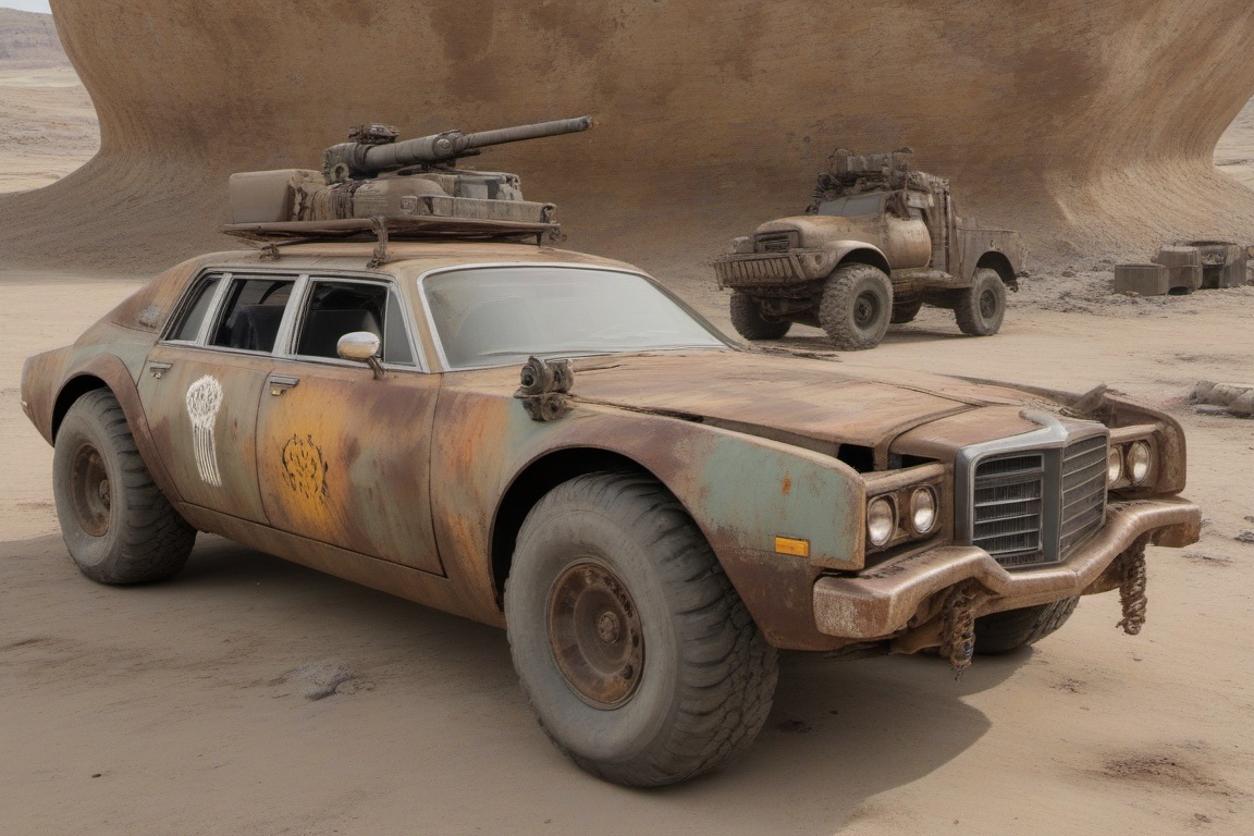 rusty damaged Chrysler,  4 bigfoot car wheels,  automatic **** machinegun on the car roof on Tensor.Art