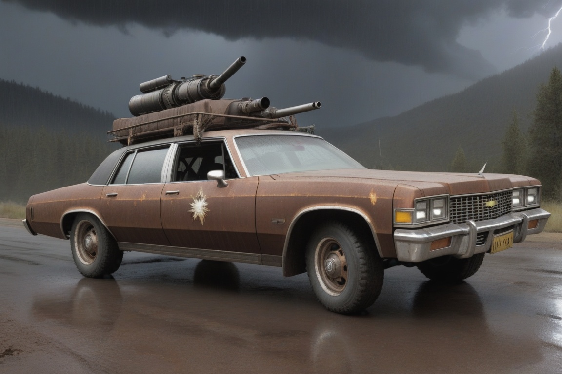 Chevrolet Caprice Classic,  6 bigfoot car wheels,  **** gun in the trunk on Tensor.Art