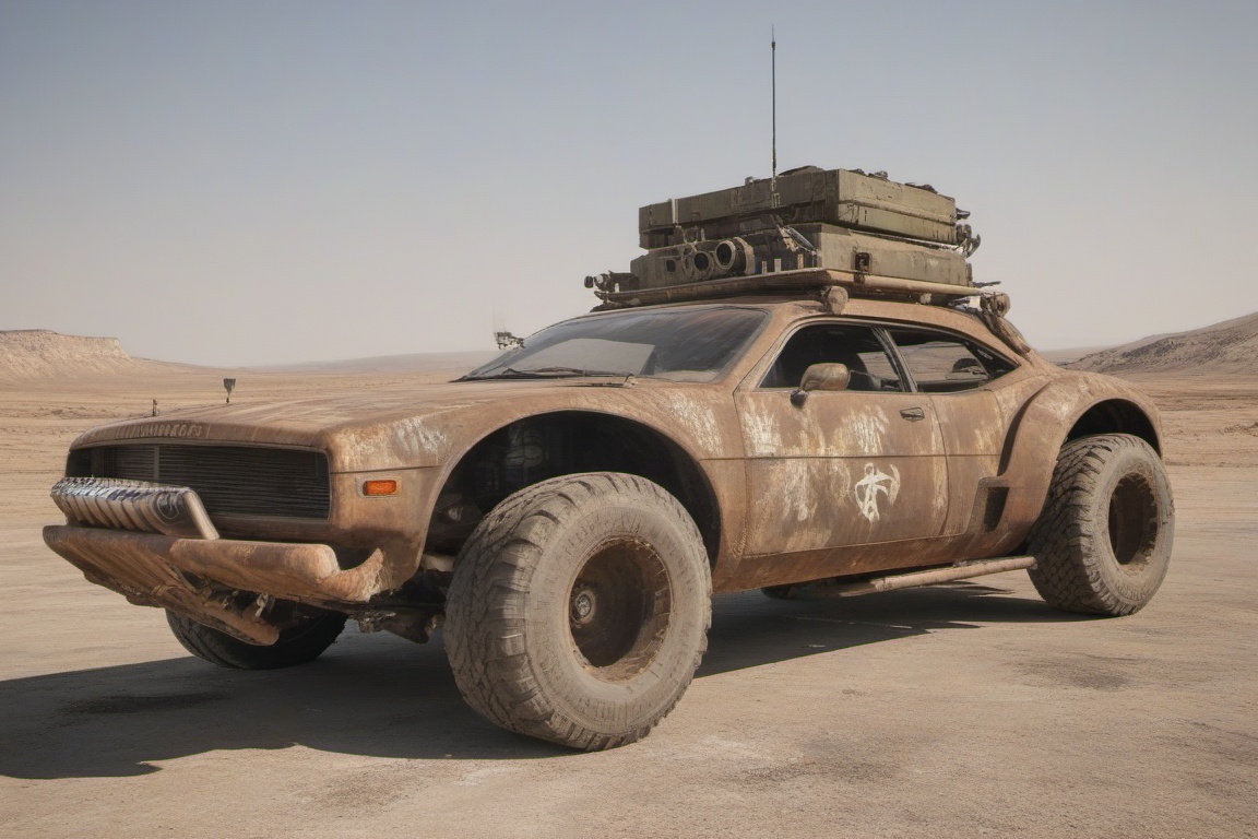rusty damaged Chrysler,  4 bigfoot car wheels,  automatic **** machinegun on the car roof on Tensor.Art