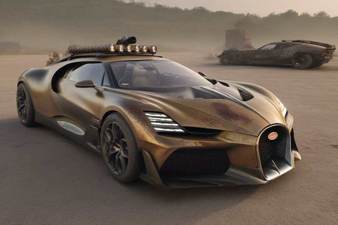 diy rusty car,  4 bigfoot car wheels,  automatic **** machinegun on the car roof on Tensor.Art