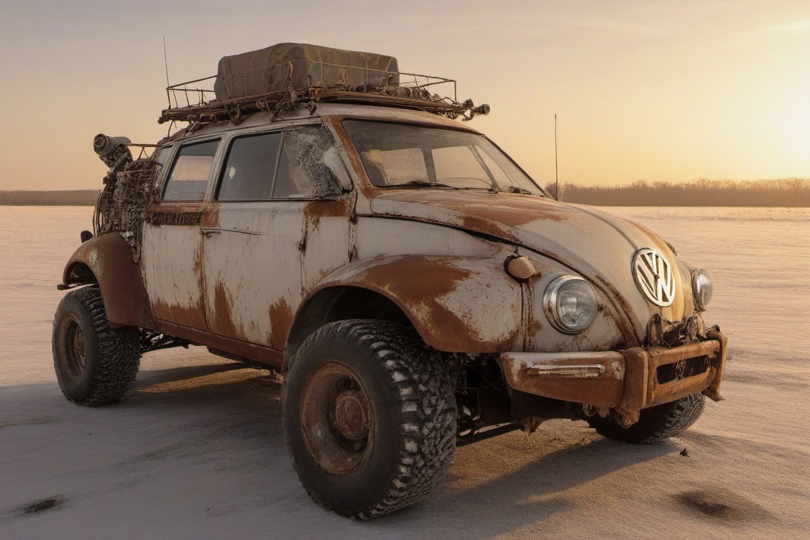 diy rusty car,  4 bigfoot car wheels,  automatic **** machinegun on the car roof on Tensor.Art