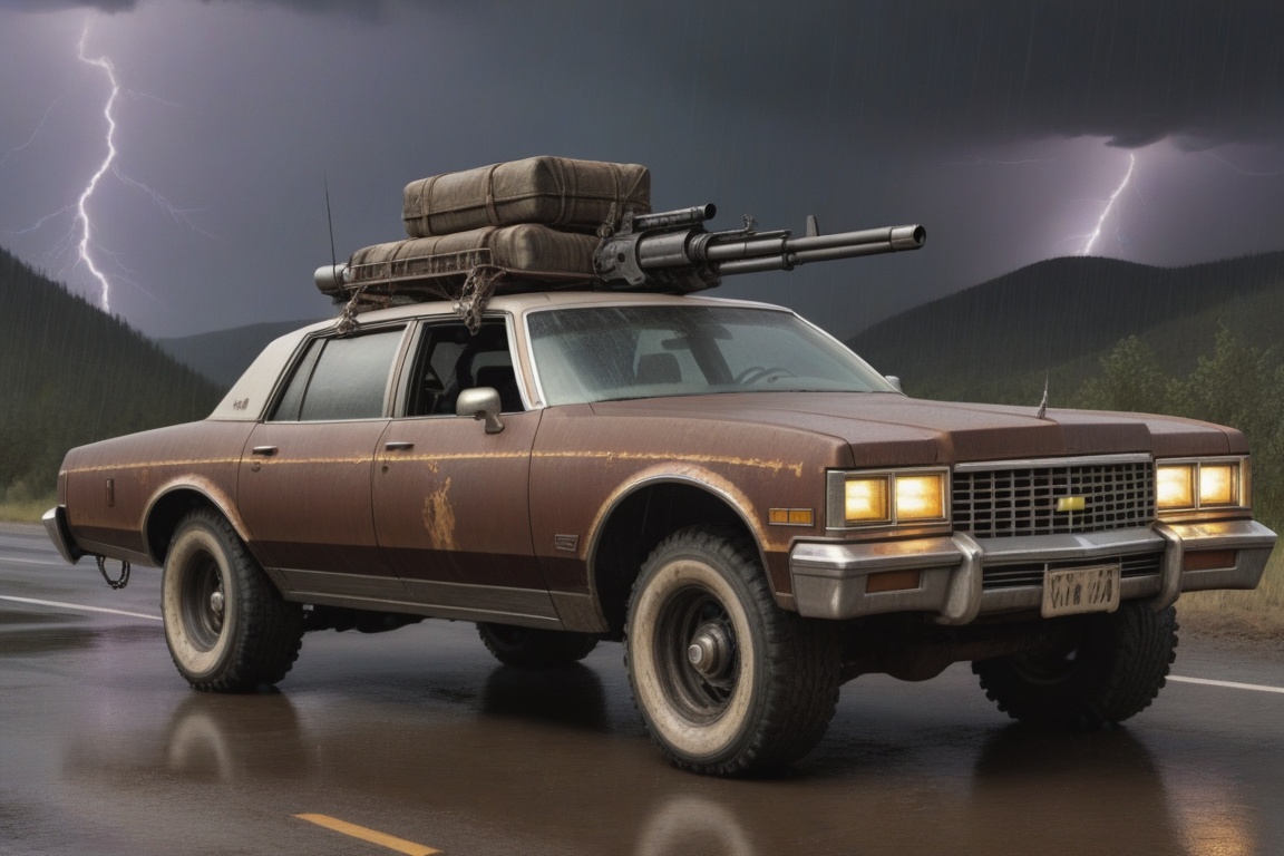 Chevrolet Caprice Classic,  6 bigfoot car wheels,  **** gun in the trunk on Tensor.Art