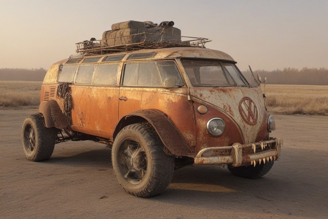 diy rusty car,  4 bigfoot car wheels,  automatic **** machinegun on the car roof on Tensor.Art