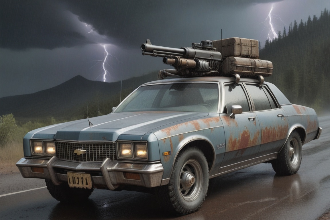 Chevrolet Caprice Classic,  6 bigfoot car wheels,  **** gun in the trunk on Tensor.Art