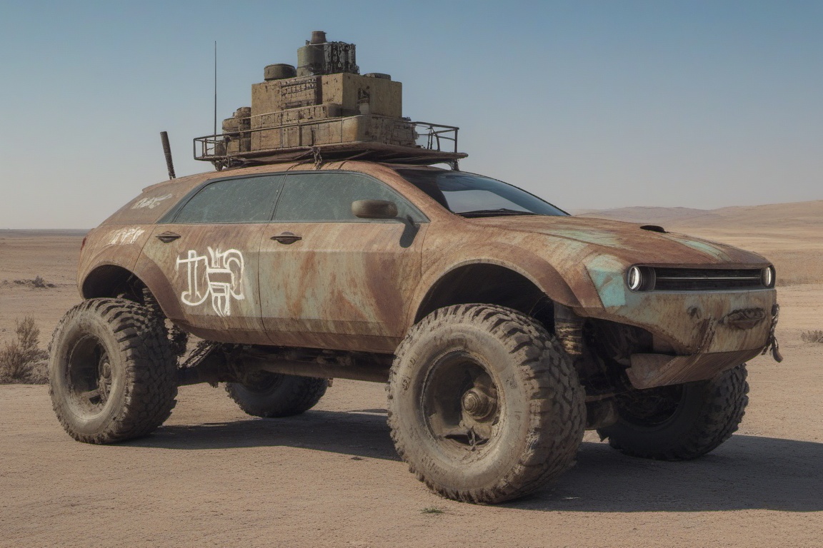 rusty damaged Chrysler,  4 bigfoot car wheels,  automatic **** machinegun on the car roof on Tensor.Art