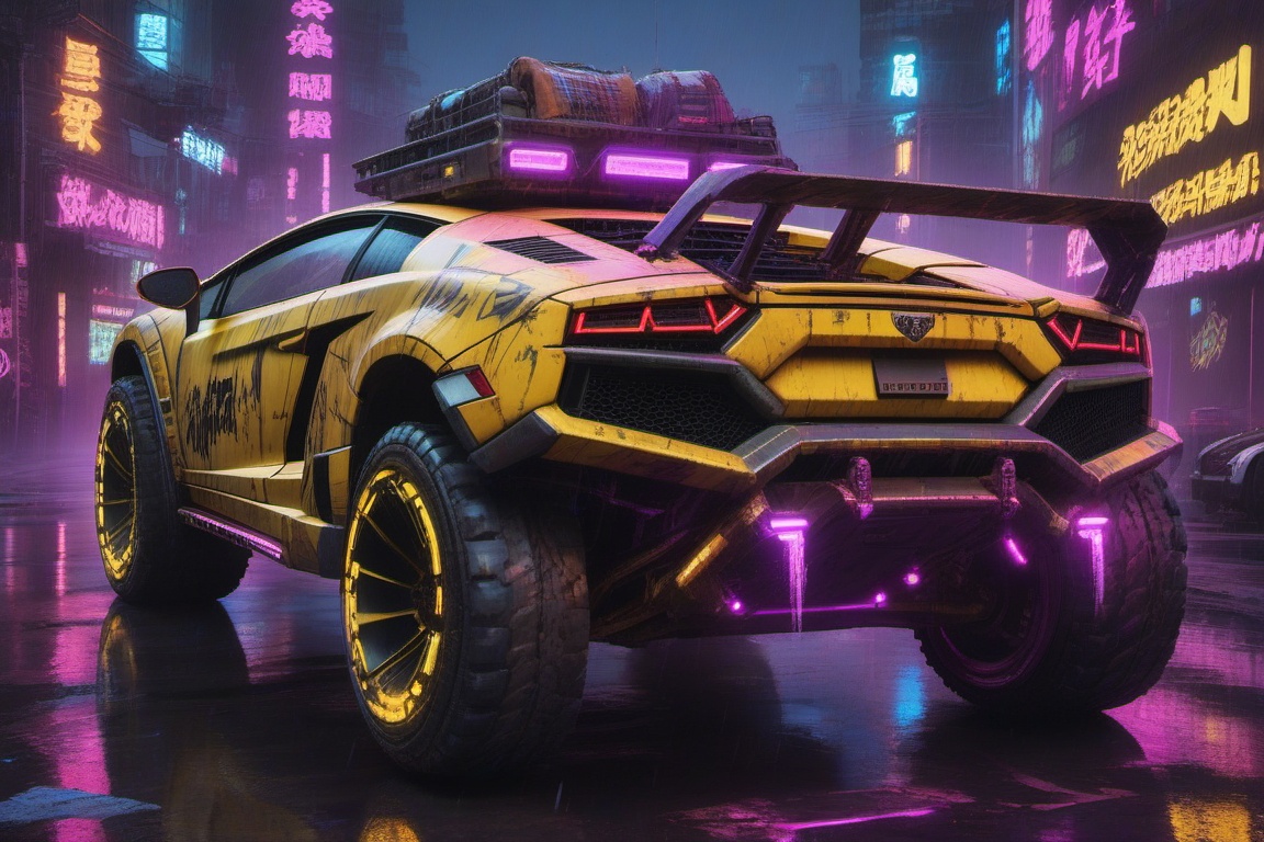 yellow Lamborghini Gallardo offroad style,  4 bigfoot car wheels,  automatic **** machinegun on the car roof on Tensor.Art