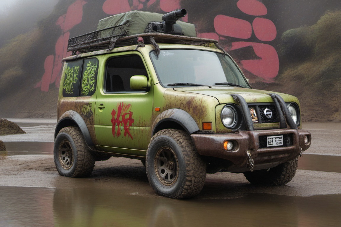 silver nissan cube offroad style,  4 bigfoot offroad wheels,  automatic **** machinegun on the car roof on Tensor.Art
