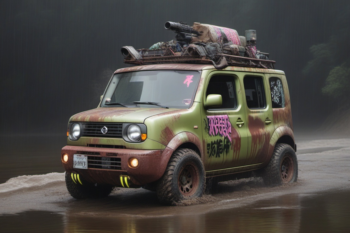 silver nissan cube offroad style,  4 bigfoot offroad wheels,  automatic **** machinegun on the car roof on Tensor.Art