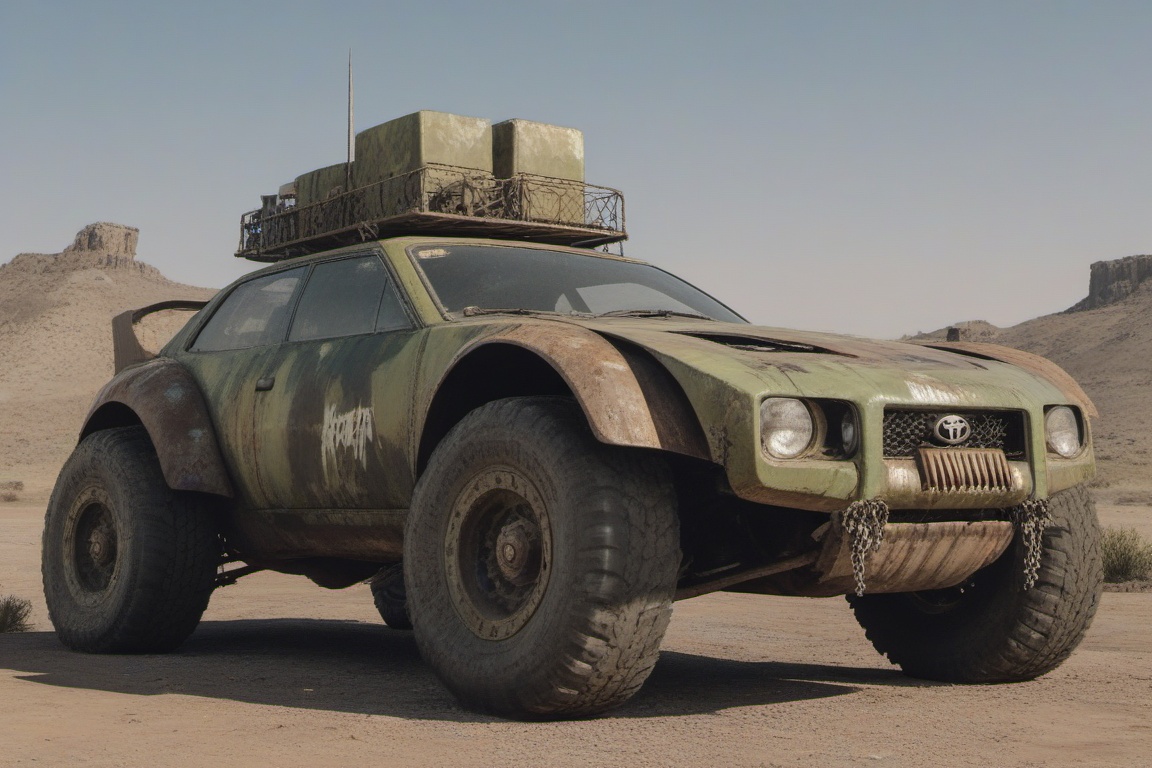 dented and beaten reno toyota,  4 bigfoot car wheels,  automatic **** machinegun on the car roof on Tensor.Art