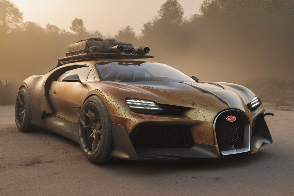 diy rusty car,  4 bigfoot car wheels,  automatic **** machinegun on the car roof on Tensor.Art