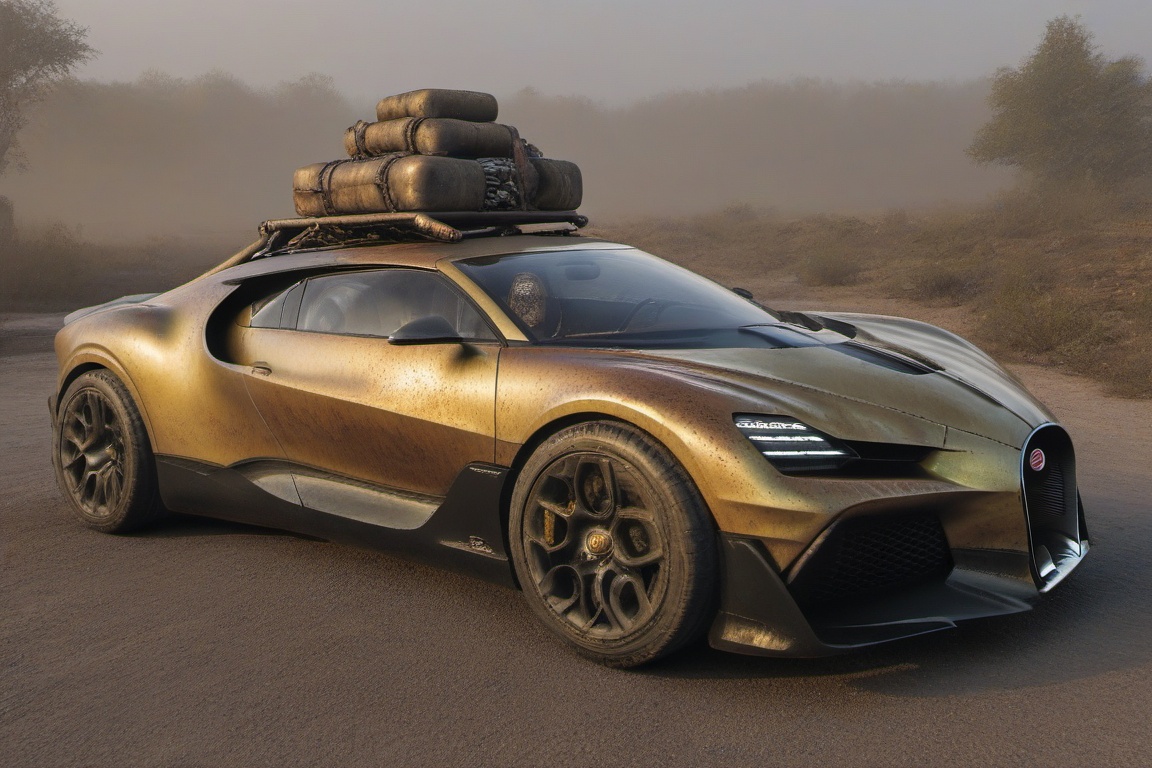 diy rusty car,  4 bigfoot car wheels,  automatic **** machinegun on the car roof on Tensor.Art