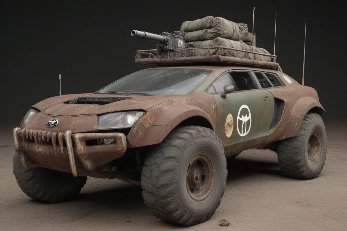 dented and beaten reno toyota,  4 bigfoot car wheels,  automatic **** machinegun on the car roof on Tensor.Art