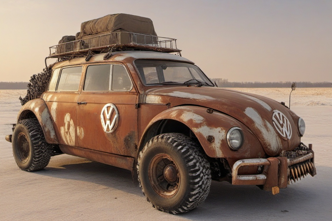 diy rusty car,  4 bigfoot car wheels,  automatic **** machinegun on the car roof on Tensor.Art