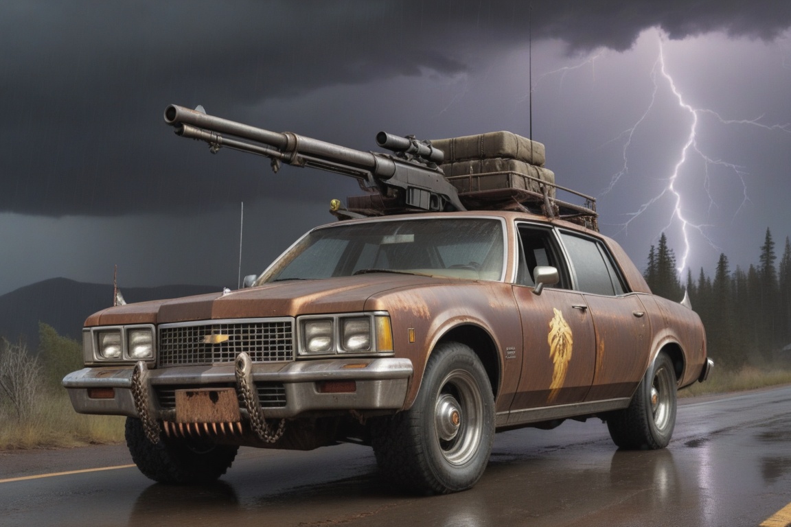 Chevrolet Caprice Classic,  6 bigfoot car wheels,  **** gun in the trunk on Tensor.Art